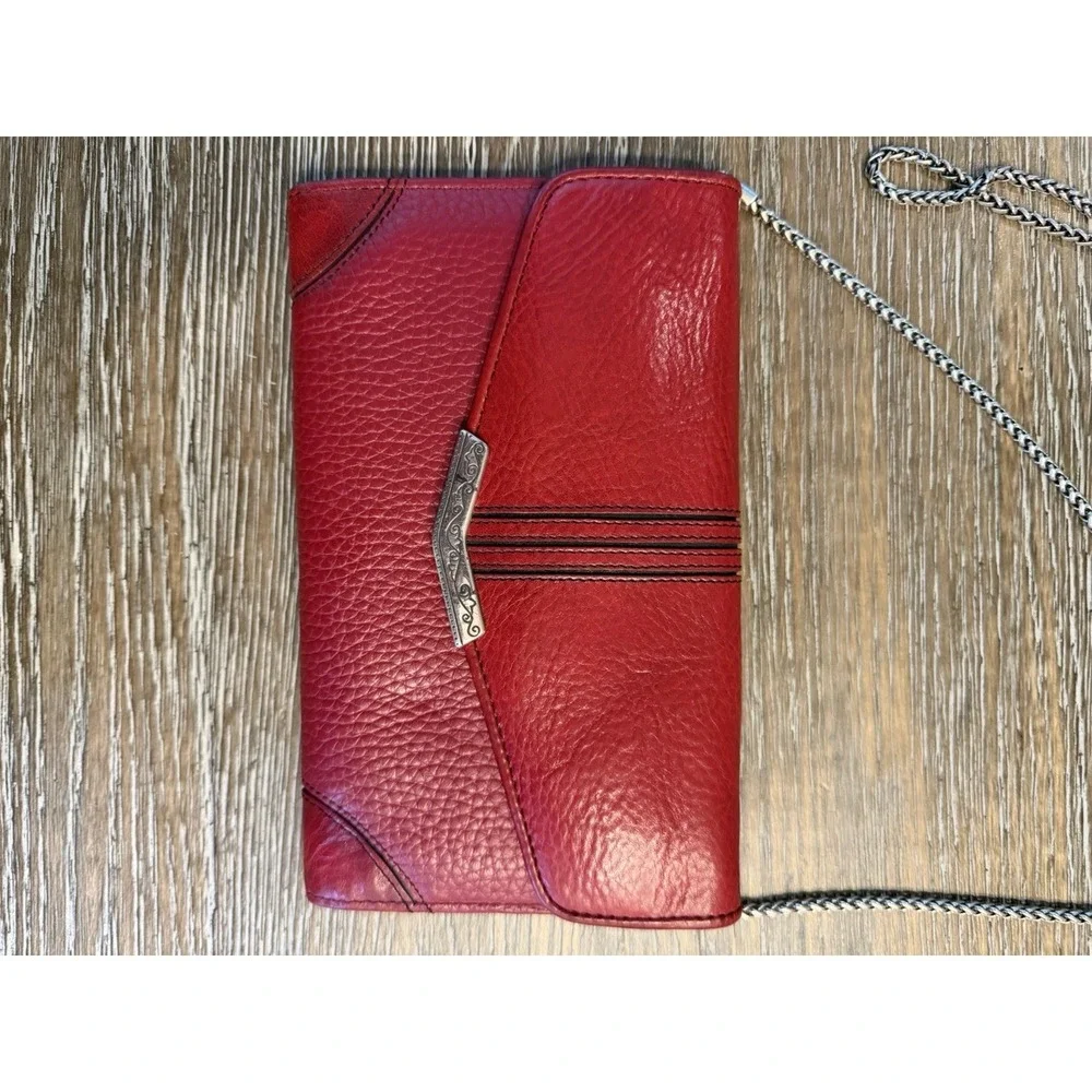 VTG  Brighton‎ Leather Chain Wallet Purse Red Crossbody Organizer EUC